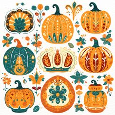 pumpkins and flowers are arranged in an ornate pattern on a white paper background with green leaves