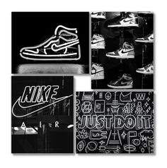 four different black and white images with nike shoes on them, one in front of the other