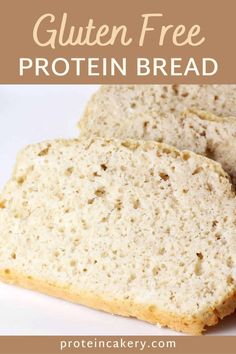 two slices of gluten free protein bread on a white plate with text overlay