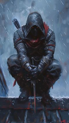 a painting of a knight kneeling down in the rain with his hands on his knees