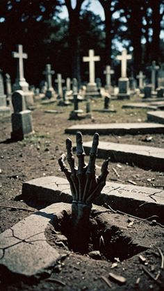 a hand sticking out of the ground in a cemetery