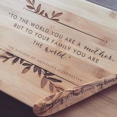 "This beautiful, solid bamboo cutting board / chopping block is lovingly engraved with a leafy frame and the quote and text of your choice. It makes a beautiful, functional, and eco-friendly gift that's perfect for a housewarming, anniversary, or any special occasion needing a personal and creative touch! The board will be custom laser engraved to the names / date, any additional text you specify at checkout. ► Available as a chopping block: 15 x 10 x 1.5'' inches and approx. 6 lbs (photographed Custom Butcher Block, Engraving Projects, Laser Engraved Ideas, Wood Burning Crafts, Chopping Block, Wood Burning Art, Chopping Board, Pyrography, Butcher Block