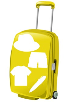 a yellow suitcase with white silhouettes of clothing and hats on the front, against a white background