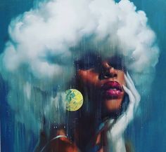 a painting of a woman with clouds on her head