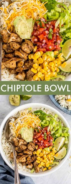 a bowl filled with chicken, corn and avocado salad