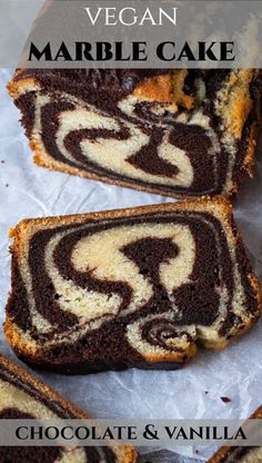 vegan marble cake with chocolate and vanilla swirl on top, cut in half to show the inside