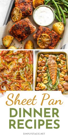 sheet pan dinner with salmon, green beans and asparagus on the side is shown