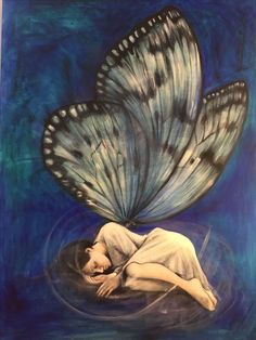 a painting of a woman laying on the ground next to a butterfly