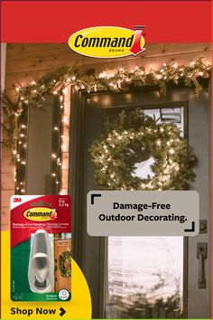 a door with a christmas wreath and lights on it that says, damage - free outdoor decor