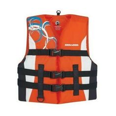 an orange life vest with two buckles on the front and one in the back