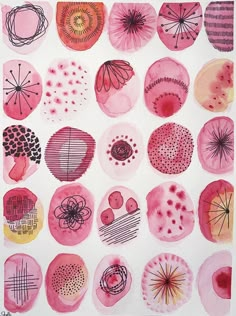 an art work with pink and red circles on white paper, each containing different designs