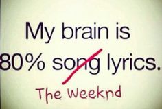 a sign that says, my brain is 80 % song lyrics the weekend