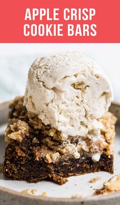 an apple crisp cookie bar with ice cream on top