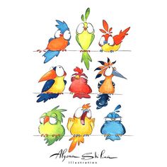 an image of colorful birds on wires with words above them that read, alonas so fine illustration