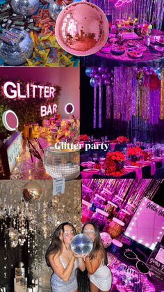 two women standing next to each other in front of disco balls and chandeliers