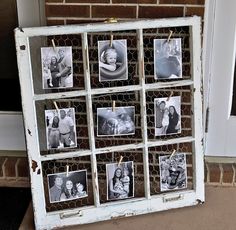 an old window is decorated with family photos