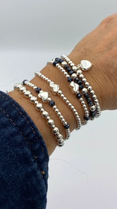 Sterling Silver Blue Crystal Bracelet Navy Blue Gift for Mom Blue Jewelry Women Set Stacked Bracelet Crystal Gift Mother Blue Bracelet Set - Etsy Silver And Blue Bracelet, Brides Jewellery, Stretch Beaded Bracelets Diy, Beaded Jewelry Making, Stretch Beaded Bracelets, Silver Bracelet Stack, Blue Jewelry Set, Blue Crystal Bracelet, Bracelet Set Silver