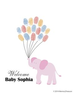 an elephant holding balloons with the words welcome baby brain