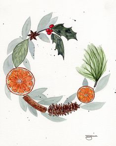 a watercolor painting of an orange wreath with holly, pine cones and cinnamons