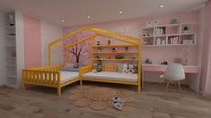 a child's bedroom with pink walls and wooden furniture