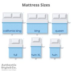 the mattress size guide for king and queen beds is shown in four different sizes, including two