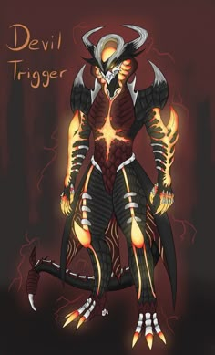 a drawing of a demon with flames on it's chest and arms, standing in front of a dark background