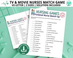 two nursing games with the text tv & movie nurses match game us letter 2 sizes / solution included