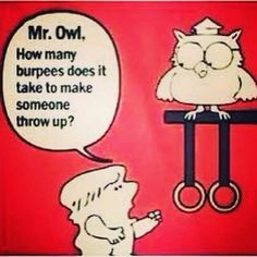 an owl is talking to a little boy with scissors in front of him that says mr ow, how many burpees does it take to make someone throw up?