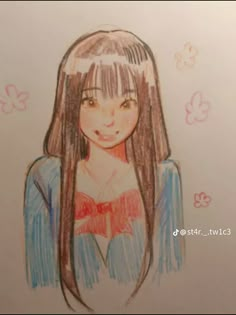 a drawing of a girl with long brown hair wearing a blue shirt and red bow tie