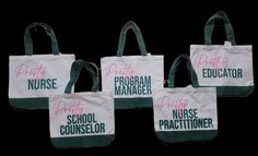 three bags with pink and green writing on them