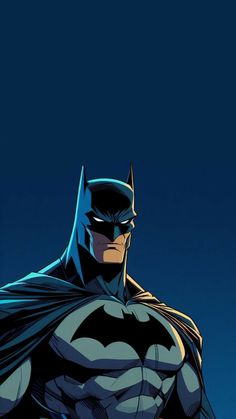 the batman is standing in front of a dark blue sky with his cape open and eyes closed