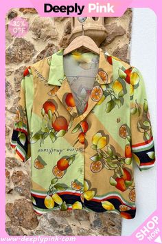 Fruity Citrus Linen Blend Printed Button Down Vacation Blouse Shirt Collar Styles, Citrus Twist, Exclusive Dress, Vacation Wear, Backless Maxi Dresses, Amalfi Coast, Shirt Collar, Short Sleeve Blouse, Wide Leg Trousers