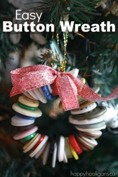 an ornament hanging from a christmas tree with the words easy button wreath on it