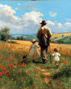 a man and two children walking through a field with poppies in the foreground