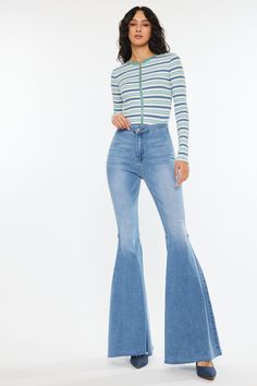 Our Beverly High Rise Super Flare jeans are the perfect pair of trendy flare jeans with a wider flare for that ultimate retro vibe. Comes in soft buttery stretch denim that melts to your every curve up to the knees where it flares out wider as it goes to the hems, Features subtle fading, whiskering, darts above the back pockets, and seam detail along the back of the knee. These jeans only come with pockets on the back for a figure-flattering look. Comes with a single-button closure and a zip fly Luxury Trendy Rigid Denim Flare Jeans, Trendy Jeans Flare, Trendy Flare Jeans, Super Flare Jeans, Infinity Design, Retro Vibe, Flare Jeans, Stretch Denim, Perfect Pair