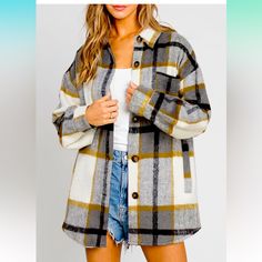 Women’s Flannel “Shacket”, Shirt/Jacket With Pockets! Heavyweight Material That Will Definitely Keep You Warm This Winter! Nwt Boyfriend Shirts, Plaid Shacket, Plus Size Cardigans, Plus Size Coats, Oversized Blouse, Blouse Material, Plus Size Pants, Boyfriend Shirt, Loose Shirts