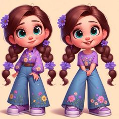 two cartoon girls with long hair and blue pants, one is wearing purple flowers in her hair