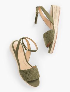 The style of the season. Go from day to night effortlessly in our Pamela sandals. Crafted with an airy crochet finish. Espadrille comfort with an easy-to-wear, low wedge heel. Memory foam footbeds offer irresistible comfort. Heel and arch padding for extra support. Flexible outsole improves stability. Features Round Toe 1 1/2" Heel Height Memory foam footbed Imported Material: 100% Cotton | Pamela Crochet Wedge Sandals - 100% Cotton Talbots Comfortable Wedges Sandals, Low Wedge Sandals, Low Heel Wedges, Low Wedges, Box Gift, Wedge Sandal, Modern Classic, Wedge Heels, Gift Wrap