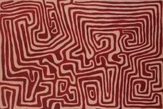 a red and white painting with lines on it's surface, in the shape of a maze