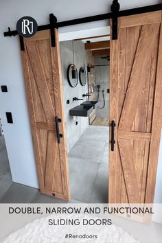 two wooden doors open to reveal a bathroom