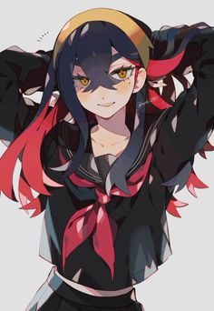 an anime character with long black hair and yellow eyes wearing a red ribbon around her neck