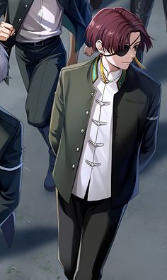 an anime character is walking down the street with other people behind him and one man in a suit