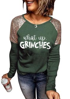 PRICES MAY VARY. Fit Type: Straight Shirt Form Type: t_shirt Fit type : Straight Green Blouse, Sequin Top, Olivia Mark, Christmas Tshirts, Letter Print, Grinch, Christmas Shirts, Casual Chic, Fashion Branding