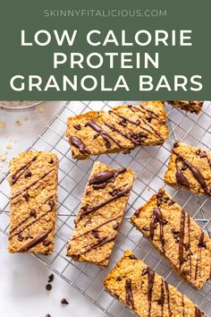 protein granola bar recipe with chocolate drizzled on top and text overlay