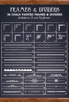 a chalkboard with different types of frames and dividers written in white on it