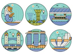 six circular illustrations depicting different types of buildings in the city, including one with a fish on it