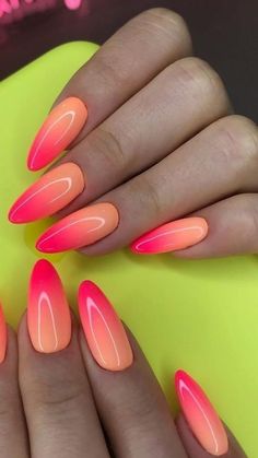 Summer 2024 Nail Trends: Bright, Cute, & Simple Designs Long Nail Designs, Ombre Acrylic Nails, Almond Nails Designs, Neon Nails, Beach Nails, Dipped Nails, Orange Nails, Fancy Nails