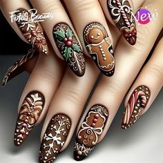 Nail Art Christmas Designs, Gingerbread Nails, Nail Art Christmas, Festive Nail Art, Nail Art Stickers Decals, Nail Art Sticker, Holiday Nail Art, Nail Forms