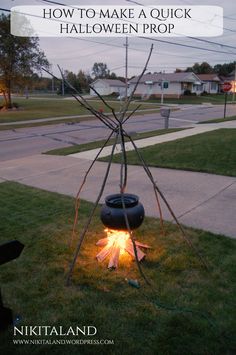 an outdoor fire pit in the grass with text overlay reading how to make a quick halloween prop