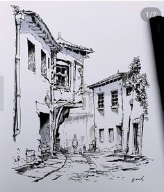 a drawing of an old building in the middle of town